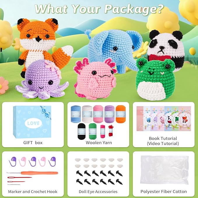 Gerute Crochet Kit for Beginners Adults Kids, Learn to Crochet with Step-by-Step Video Tutorials & Illustrated Guide, 40% More Yarn for 6 DIY Amigurumi Animal Projects, Complete Starter Supplies