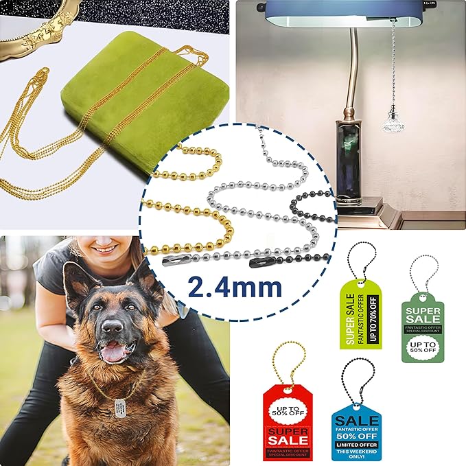 33 Feet Ball Chain Necklace, 2.4mm Ball Bead Chain with 30 Pieces Connectors Clasps,Metal Ball Chain for Dog Tag, Ceiling Fan Pull Chain Extender, Jewelry Making Kit, DIY Crafts (Black)