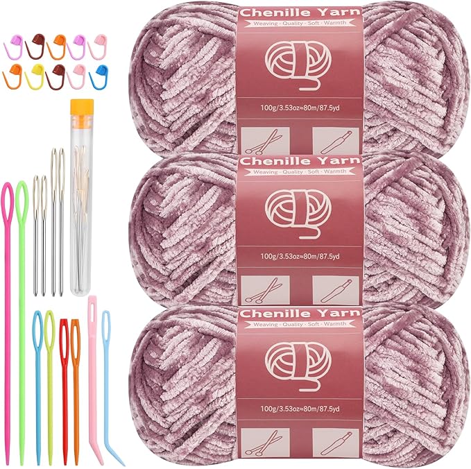 LUNARM Chenille Yarn for Crocheting Knitting, 3 Skein 263 Yard Thick Soft Chunky Fluffy Weaving Plush Yarn for Blankets Clothes Pattern Creations with Big Eye Needles(Purple Gray)