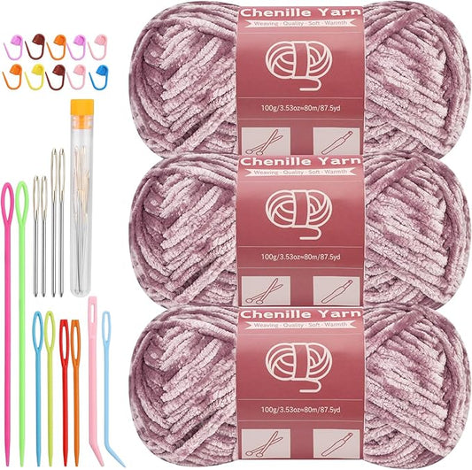 LUNARM Chenille Yarn for Crocheting Knitting, 3 Skein 263 Yard Thick Soft Chunky Fluffy Weaving Plush Yarn for Blankets Clothes Pattern Creations with Big Eye Needles(Purple Gray)