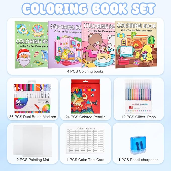 yqwuco coloring book set for adults,cute coloring book for adults relaxation with 60 colored markers, anxiety relief gifts with 160 patterns included animal spaces