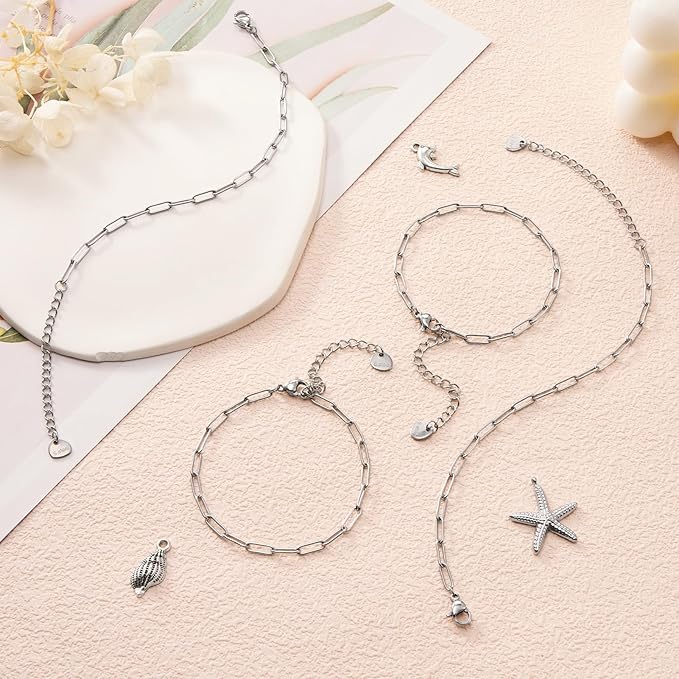 KYUNHOO 10pcs Silver Chain Bracelets Kit Stainless Steel Jewelry Link with Lobster Clasps 6.3 inches Paperclip Chain with Extender for Women Men DIY Bracelet Making Supply Findings
