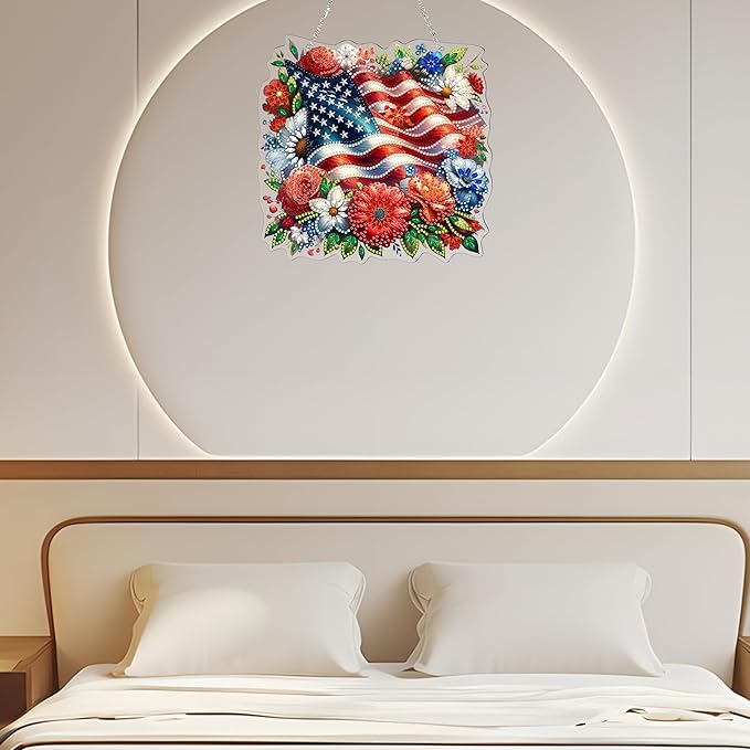 Diamond Art Hanging Kit for Adult,4Th of July Special Shaped Rhinestone,Double Sided DIY Acrylic Diamond Art Painting Window Pendants Home Garden Wall Hanging Kits Hanging Ornament (American Flag)