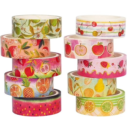 Fruits Washi Tape Set 10 Rolls Harvest Orchard Patterns Gold Decorative Tapes for Journals, Planners, Scrapbooking, Gift Wrapping, DIY Crafts (Fruits)