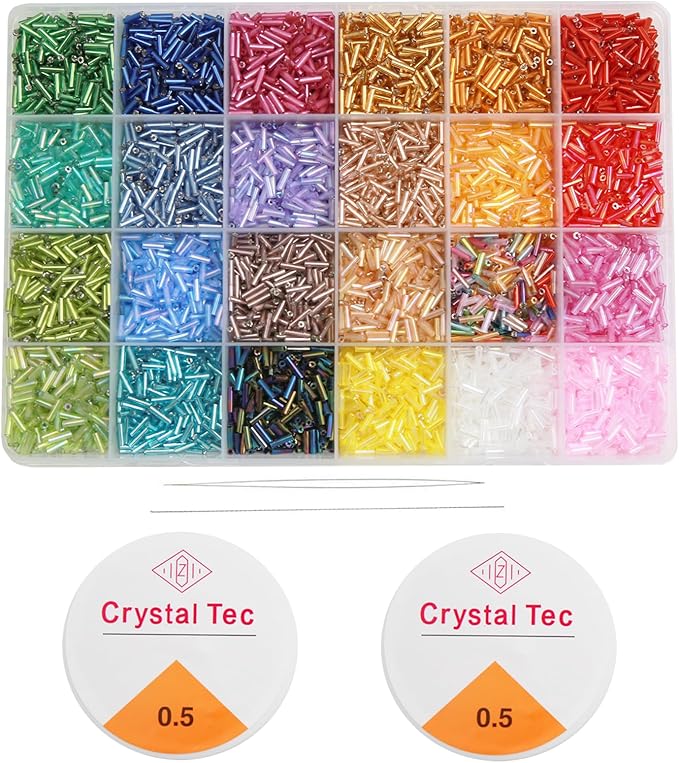 9600pcs Tube Beads Kit for Adults, Glass Bugle Seed Beads for Jewelry Making, Small Craft Bead for DIY Bracelet Necklaces Craft Making with Two Crystal String (7mm/24 Colors)