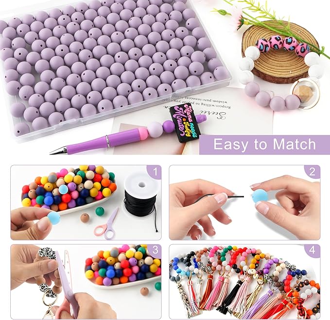 150Pcs 15mm Silicone Beads for Keychain Making Bracelet Necklace, Bulk Round Silicone Beads for Pens（Lilac）