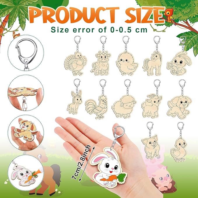 Trnayi 36 Pcs Farm Animal Unfinished Wooden Keychains Color Your Own Unfinished Cow Horse Pig Turkey Chicken Rabbit Wooden Crafts Blank Wood Painting DIY Crafts for Home Activities Arts Project Decor