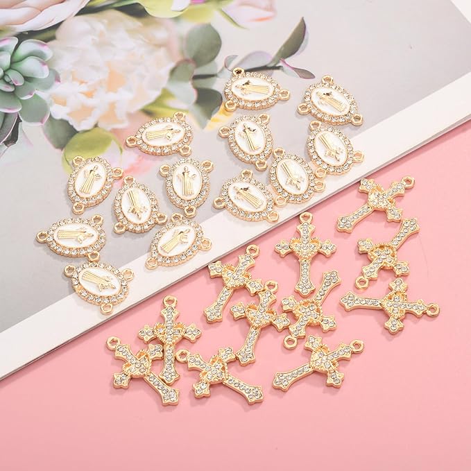 Jiali Q 20 Piece Set Rhinestone Cross Connectors and Pendants for Jewelry Making (Gold St.Benedict)