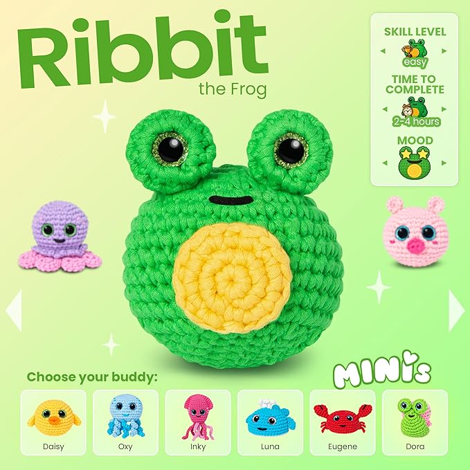 Cookie Box MINIs Crochet Kit for Beginners – Gift Set to Make Frog Ribbit Amigurumi Plushie – Easy DIY Crochet & Knitting Starter Kit with Printed Instructions & Step-by-Step Video Tutorial