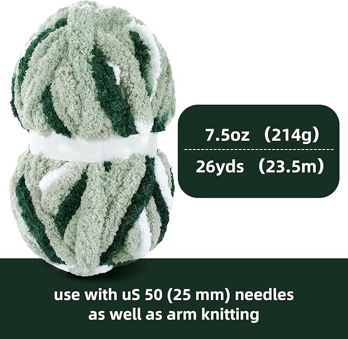 HOMBYS Chunky Tie Dye Mix Chenille Yarn for Hand Knitting, Super Bulky Jumbo Yarn for Crocheting, 3/4" Thick Soft Plush Yarn for Blankets, 8 Skein Pack (26 yds / 7.5 oz Each) Green Multi White