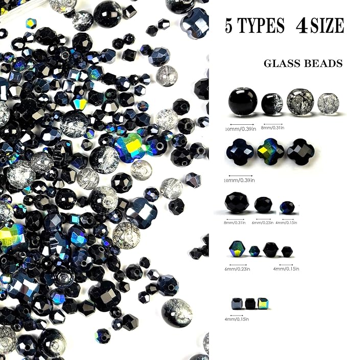 1000Pcs Glass Beads for Jewelry Making Crystal Beads for Bracelet Craft Necklace Earring Making Assorted Color 5 Style/Crackle Round/Briolette Faceted/Bicone/Cube/Four-Leaf Clover / 4 Size
