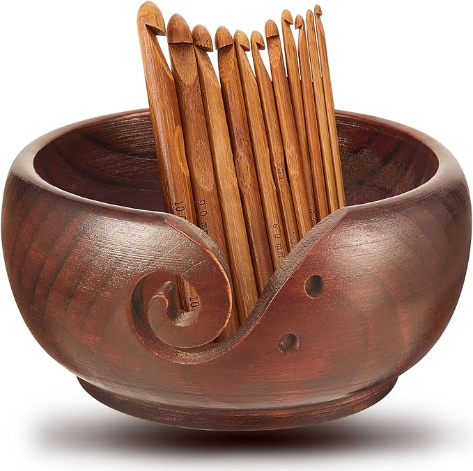 Patelai 7 x 7 x 3 Inch Wooden Yarn Bowls for Crocheting Round Knitting Wool Storage Yarn Bowl Handmade with Holes 12 Pieces Crochet Hooks for Knitting DIY Crafts Tools(Dark Brown)