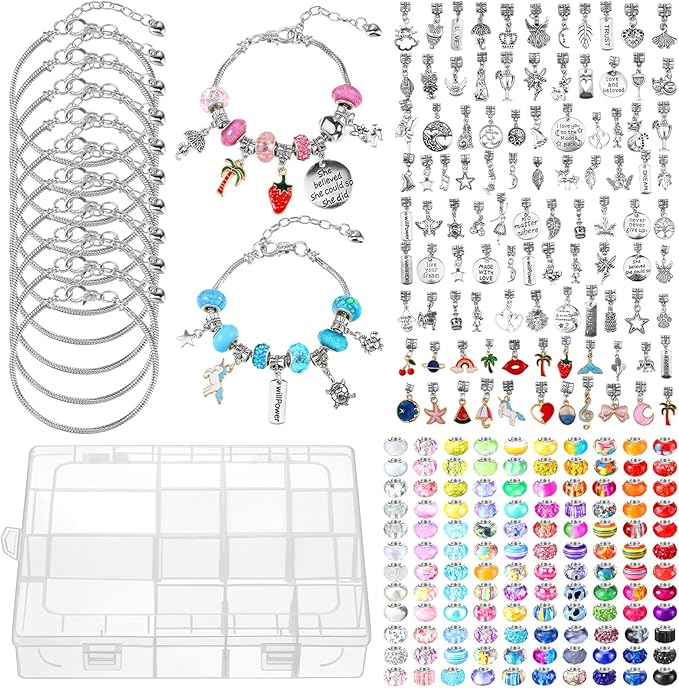 Ferreve 231 Pcs Charm Bracelet Making Kit Snake Chain European Large Hole Beads Dangle Charm with Plastic Storage Box DIY Jewelry Making Craft Gifts for Women(7.5 Inch)