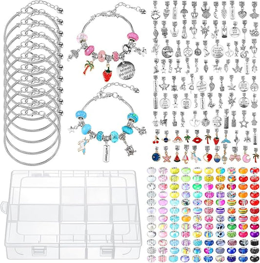 Ferreve 231 Pcs Charm Bracelet Making Kit Snake Chain European Large Hole Beads Dangle Charm with Plastic Storage Box DIY Jewelry Making Craft Gifts for Women(7.5 Inch)