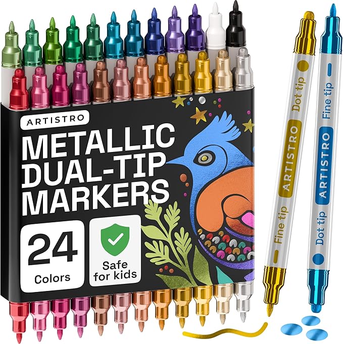 ARTISTRO 24 Metallic Acrylic Paint Markers for Rock, Fabric, Wood, Glass, Eggs - Dual-Tip Paint Pens for Coloring Books for Adults, Teens - Art & Craft Supplies - Gift Idea - Easter Basket Stuffers