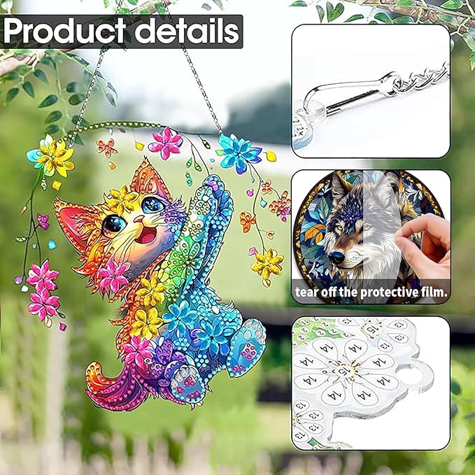 SKRYUIE Cat Hanging Diamond Art Kits for Adults Pendant Suncatcher, Special Shaped Crystal DIY Pearl Diamond Painting Kit, Gift for Mother Spring Summer Window Wreath Decor 7.72 x 7.37 Inch A23