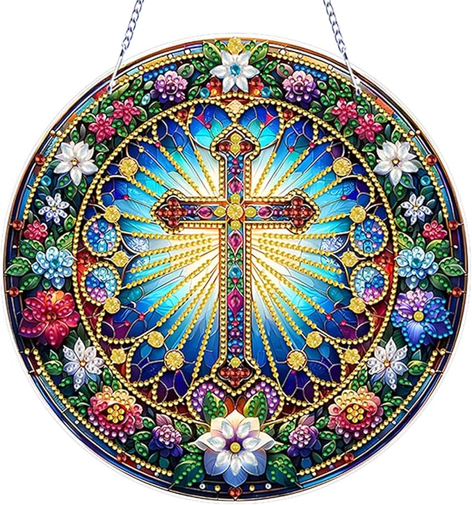 DIY Acrylic Diamond Art Painting Wreath Kits Special Shaped Rhinestone 5D Diamond Art Window Pendants Home Garden Wall Hanging Kits Hanging Ornament (Cross-2)