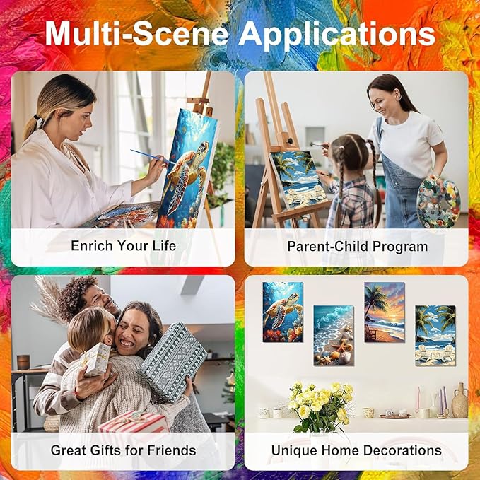 4 Pack Paint by Numbers for Adults with Framed Canvas - with Wooden Easel, Beach Paint by Number on Canvas, DIY Sea Turtle Acrylic Oil Painting Kits with Brushes for Home Wall Decor (8x12 inch)
