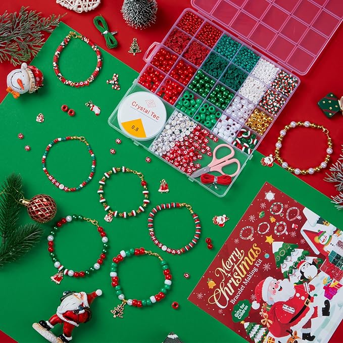 Taybonds Christmas Beads for Bracelets & Jewelry Making Bead Kit, Christmas Beads and Charms, Holiday Friendship Bracelet Kit, with Xmas Red Green, Pony, Clay, Letter, Pearls Bead, Gifts