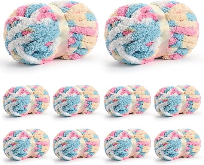 10 Pack Jumbo Chunky Yarn for Hand Knitting, Fluffy Chunky Chenille Yarn for Crocheting, Variegated Chunky Knit Baby Blanket Yarn, 240 yds /70.5 oz Super Bulky Yarn（Candy）