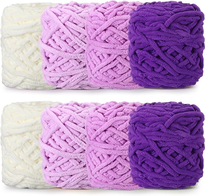 Buryeah 8 Pack Chunky Chenille Yarn for Crocheting Soft Thick Fluffy Yarn for Hand Knitting Bulky Velvet Blanket Plush for Weaving DIY Crafts Each 3.5 oz 55 Yards (Purple Series)