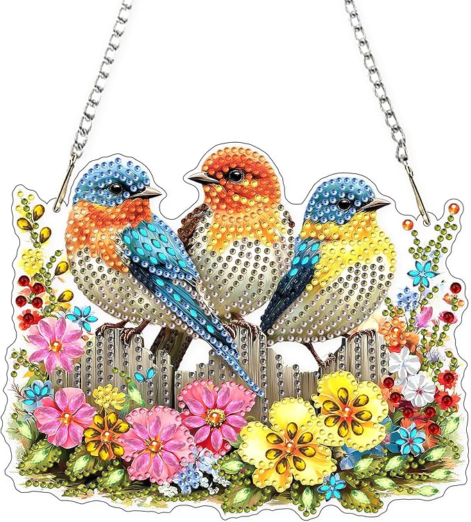 Lxmsja DIY Three Cute Birds Diamond Painting Hanging Ornament, Double-Sided Acrylic Colorful Flowers Diamond Art Kit, Special Shaped Suncatcher Hanging Pendant Window Art Kit 6x8 inch