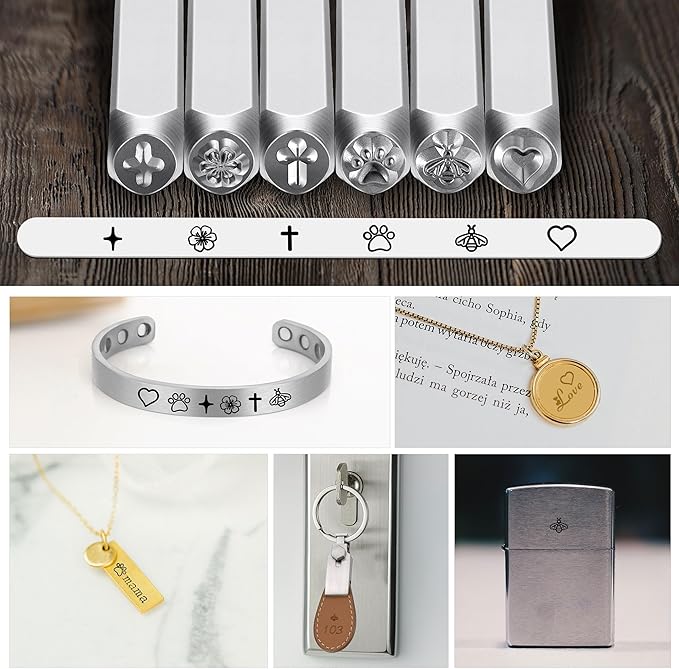 Yoption 6pcs Jewelry Metal Stamping Set, Heart Flower Star Paw Bee Cross Metal Stamps Punch Kit 4mm for Stamping Metal, Jewelry Working
