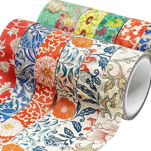 Berkin Arts 12 Rolls Art Floral Designs Washi Tape Set - 15 mm Wide Decorative Adhesive Masking Tape Cloisonnism for Bullet Journal Colorful Damask Pattern Intricate Colorful Owen Jones Series