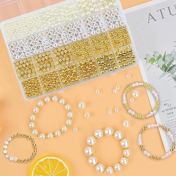 Hpebl 1040PCS Pearl Beads Kit - White, Gold, Small Pearl Beads for Bracelets & Jewelry Making for Adult