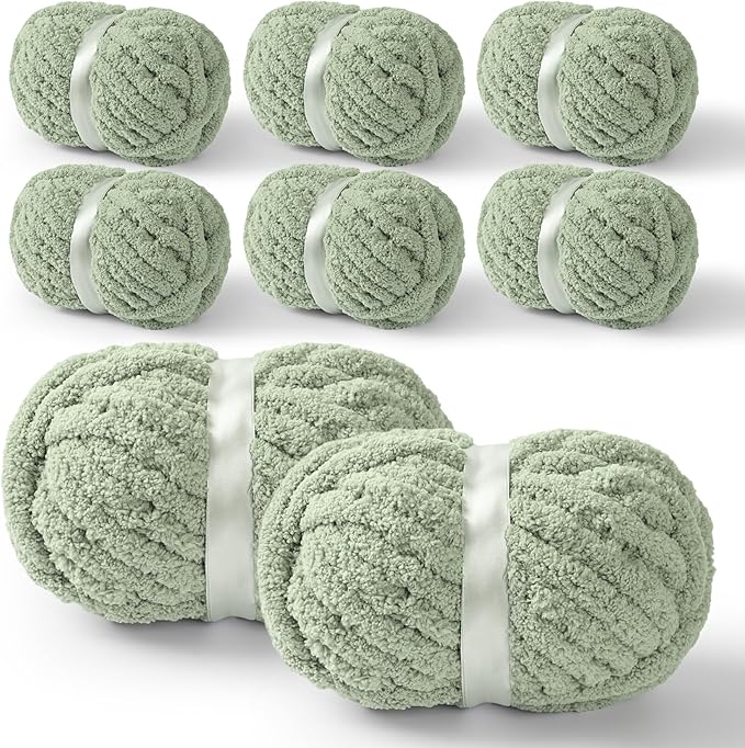 8 Packs Jumbo Chenille Chunky Yarn for Crocheting Knitting, Handcrafts & Blanket Yarn (Sage Green, 8 Pack)