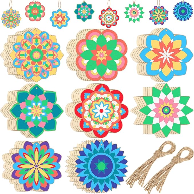 Blosssound 40 Pcs Unfinished Wood Mandala to Paint Wooden Mandala Painting Crafts Diwali Art Slices for Adult to Relax Painting DIY Crafts Ornament Wedding Home Decorations, 4 Inch(Elegant)