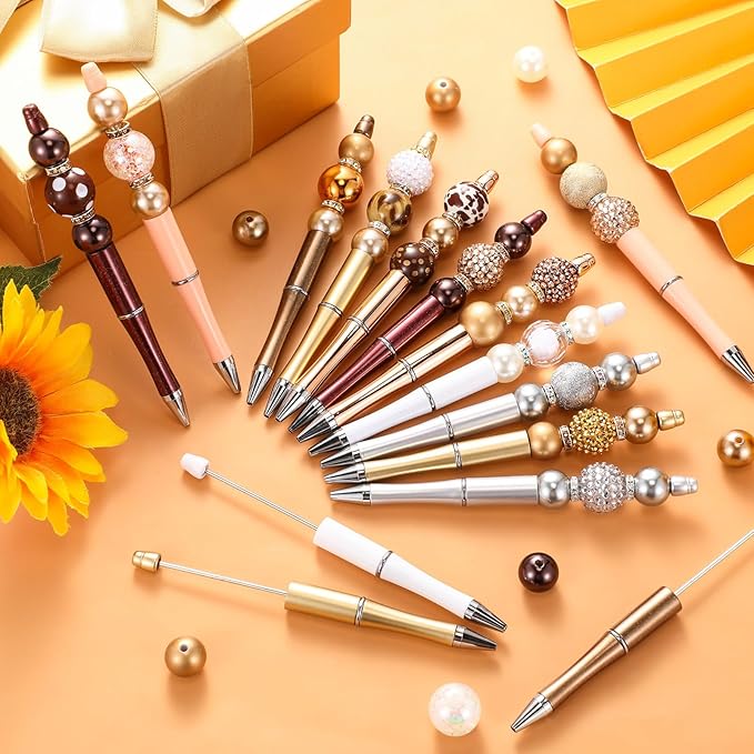 Geyee 15 Pcs Plastic Beadable Pens Assorted Bead Pens Multicolor Bubblegum Crystal Spacer Beads, Black Ink Ballpoint DIY Set, Back to School Gift for Student Summer Ocean Party Gifts(Gold Brown)