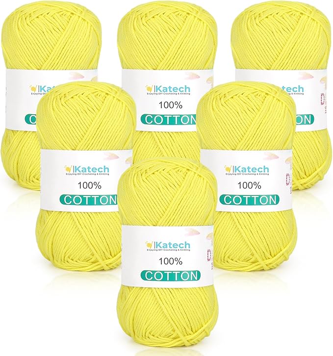 Katech Pure Cotton Yarn for Crocheting & Knitting–Soft Sport Weight CYC #2, 6 Skeins (50g Each, 300g Total), Ideal Crochet Yarn for Dishcloths, Baby Clothes, Socks, Lightweight Scarves（Soft Yellow）