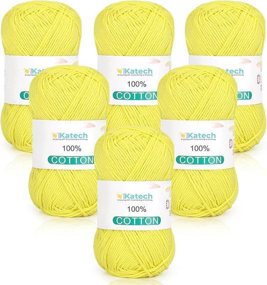 Katech Pure Cotton Yarn for Crocheting & Knitting–Soft Sport Weight CYC #2, 6 Skeins (50g Each, 300g Total), Ideal Crochet Yarn for Dishcloths, Baby Clothes, Socks, Lightweight Scarves（Soft Yellow）