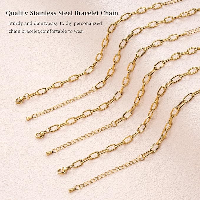 KYUNHOO 10pcs 6.7 Inches Gold Plated Paperclip Chain for Bracelet Making Stainless Steel Jewelry Supplies for Bracelet DIY with Lobster Clasps and Chain Extension