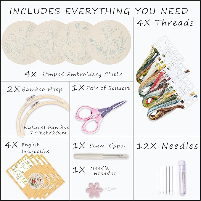 bonroy 4 sets embroidery set for beginners, art craft, easy sewing, includes embroidery clothing, pattern, embroidery hoop, instruction manual, colorful thread stitch set (11)