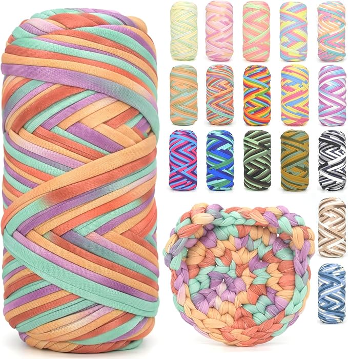 Tshirt Yarn for Crocheting,Rainbow T Shirt Chunky Elastic Fabric Thick T-Shirt Crochet Yarn for Beginners Crocheting Hand Knitting Bag/Basket/Coasters/DIY Crafts/Home Decor 200G-Purple Orange Green