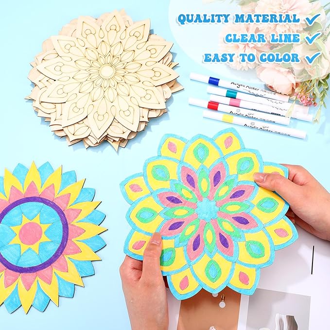 22 Pcs Wooden Mandala Painting Set 10 Mandala Unfinished Wood Cutouts with 12 Markers for Crafts Diwali Craft Wood Slices for Adults Painting DIY Tags Wedding Home Decors(Artsy Style)