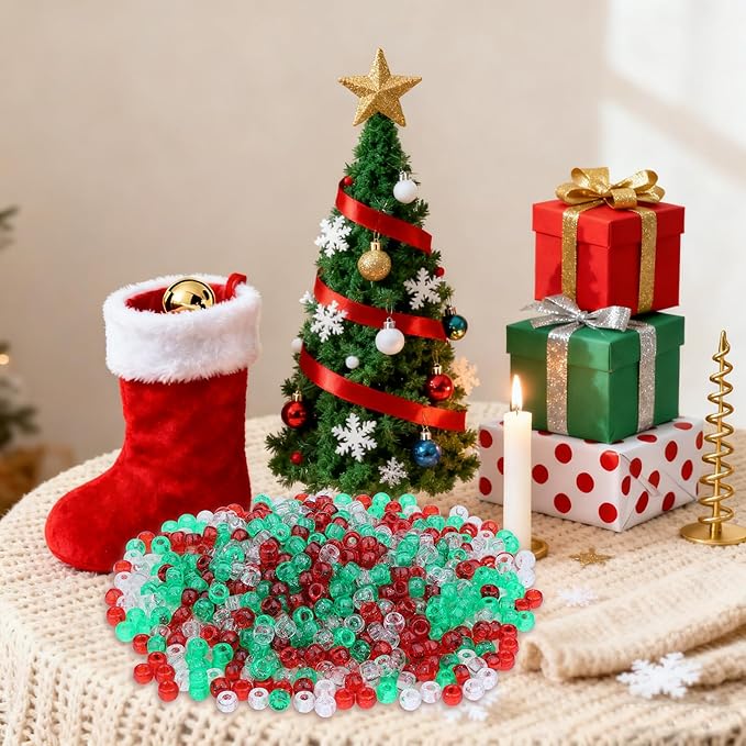 1000 Pcs Christmas Pony Beads Plastic Bead for Bracelets Christmas Beads for Jewelry Making Transparent Red Transparent Green White Pony Bead for Crafts