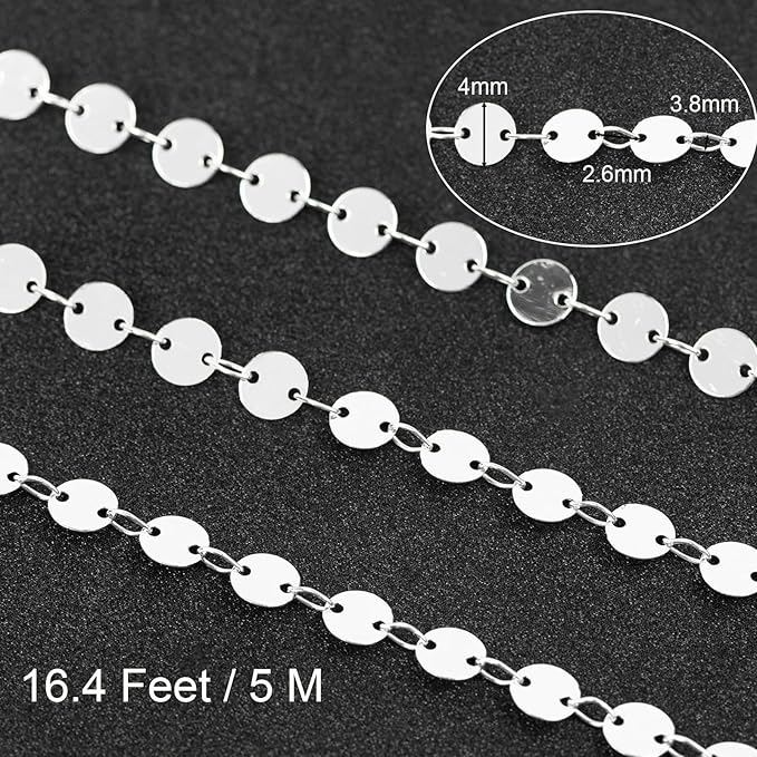 Jabogrii 5 Meters Silver Circle Sequin Jewelry Making Chains DIY Necklace Bracelet Copper Chain for Jewelry Making Round Chain Link Roll