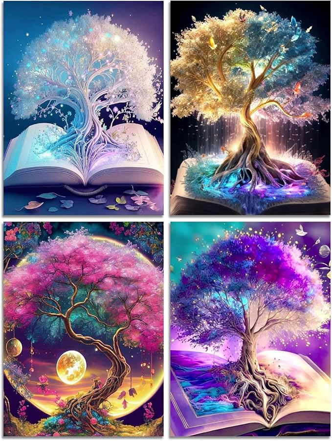Muzagroo Art Diamond Painting Kits for Adults, DIY 5D Diamond Art Kits for Beginners, Tree of Life Canvas Arts and Crafts for Living Room, Kids Room 4 PCS Wall Art