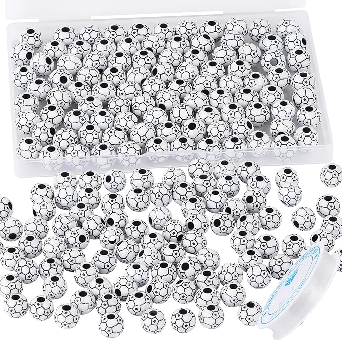 100pcs Soccer Beads with 5.5 Yard Elastic Rope,Acrylic Sports Beads DIY Spacer Bead for Necklace Bracelet Keychains Handmade Jewelry Making Accessories Craft Supplies,12mm(Soccer)