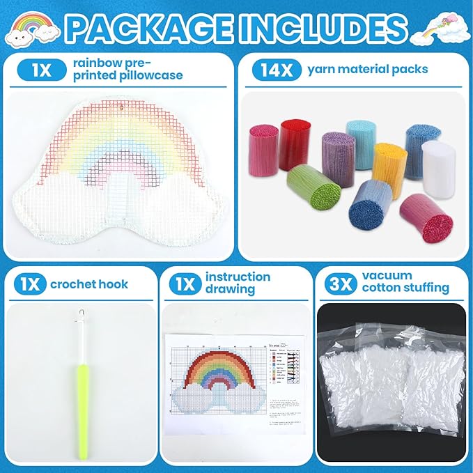 Justforjoyful Rainbow Latch Hook Kit Rainbow Pillow DIY Craft Kit for Making Your Own DIY Pillow Valentine's Day Craft Kit for Pattern Paint Cross Sewing Sofa Cushion Plush Gift