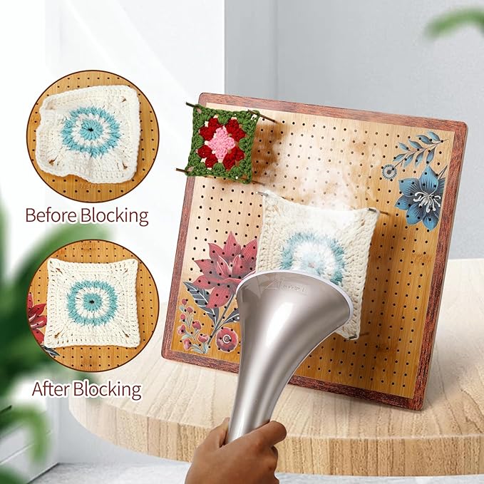 ULOI 13" Crochet Blocking Board - Upgraded Style with 4 Tension Rods and 20 Pegs – Blocking Boards for Crochet Projects, Ideal for Granny Square Card Deck Users (Crimson)