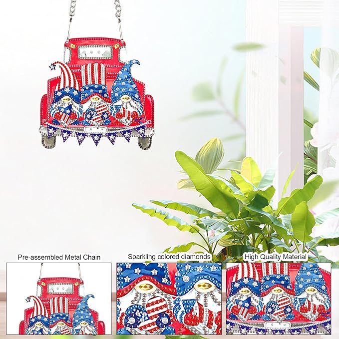AiYuanzsh Red Car Gnome Diamond Painting Hanging Kit, 5D DIY Acrylic Special Shaped Diamond Art Pendant Ornament with Chain, Independence Day Wall or Door Decor, July 4th Crystal Art Kit for Adults