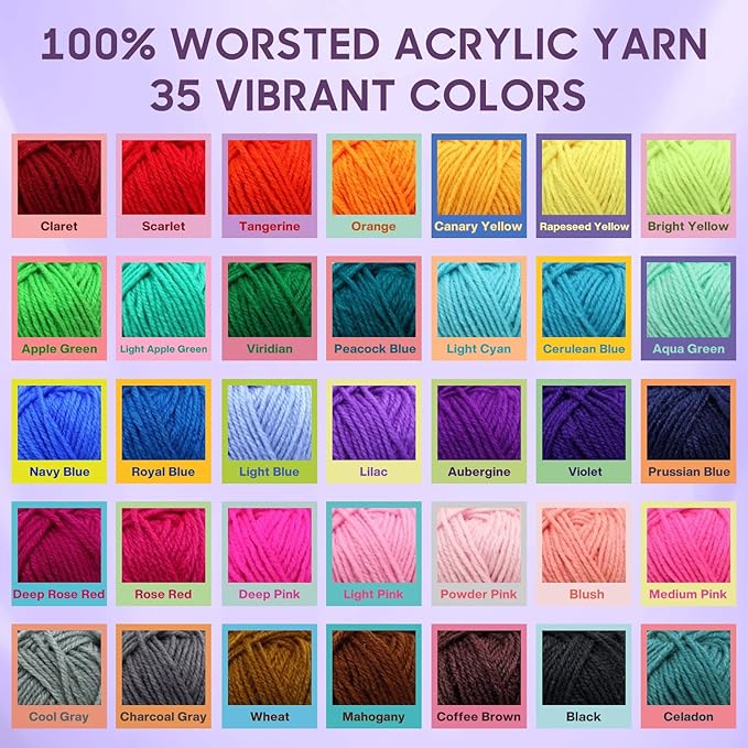 Crochet Kit, 1600 Yarns 35 Colors Acrylic Yarn Skeins, 53 PCS Crochet Hook Accessories and A Storage Bag, Yarn for Crocheting Suitable for Knitting, Knitting Kit Gift for Adult and Beginner, Black