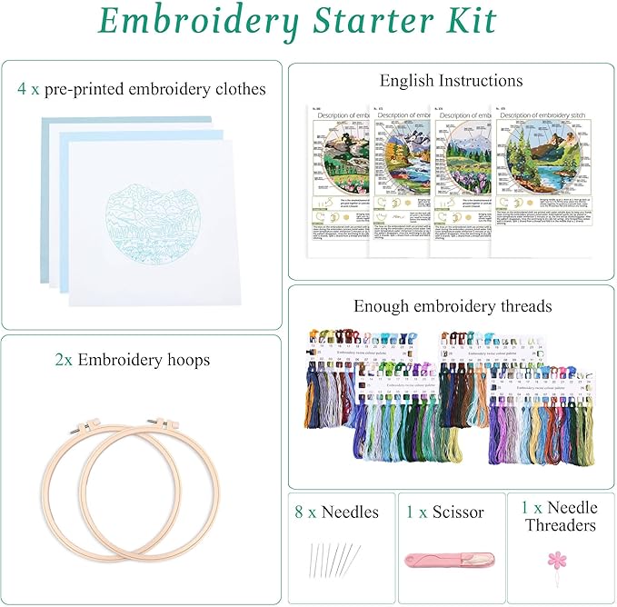 harimau 4p beginner embroidery kit,floral plant pattern,cross stitch kits, including stamped embroidery cloth with 2 embroidery hoops, color threads and embroidery kits