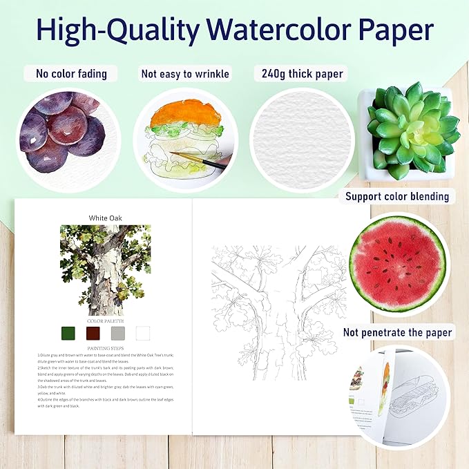 Watercolor Workbook Creative Fruit Water color Paint Book Set with Paints & Brush, 12 Patterns of Original DIY Designs, Beginner-Friendly Adult Coloring Books (Tree)