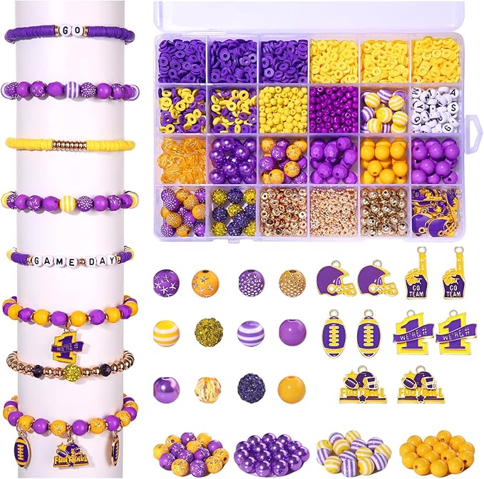 HSWE Game Day Beads for Bracelets Making Kit Heishi Clay Pearl Letter Assorted Round Bead Gold Spacer Beads Football Charms for DIY Bracelets Necklace Jewelry Making (Purple Yellow Game Day Kit)