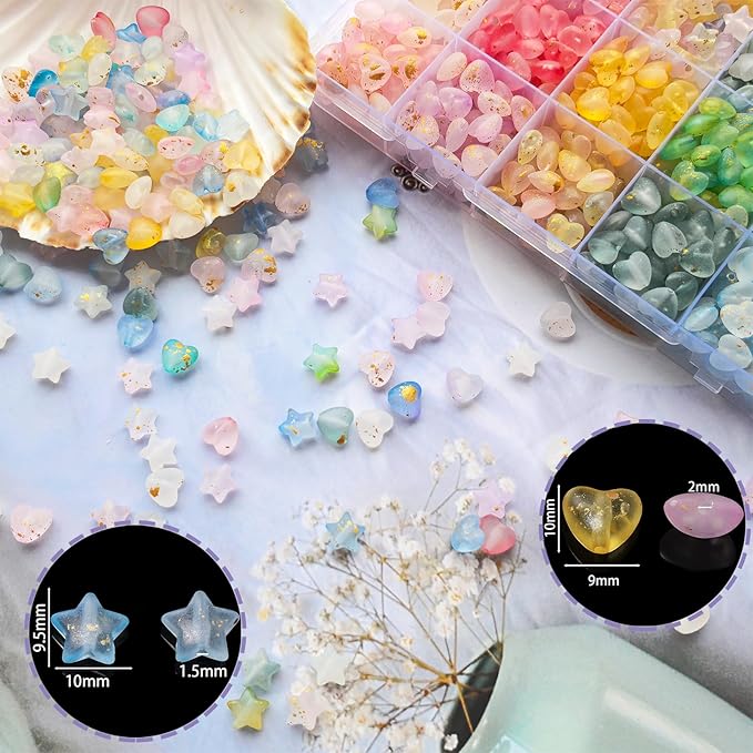 1000Pcs Matte Acrylic Star Beads Hart Beads for Jewelry Making Frosted Gold Foil Acrylic Beads Pastel Beads Colorful Assorted Bead Cute Aesthetic Kawaii Bead for Bracelet DIY Craft Earring Phone Charm